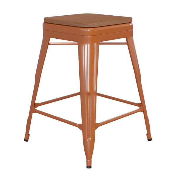 Orange/Teak |#| Indoor/Outdoor Backless Counter Stool with Poly Seat - Orange/Teak