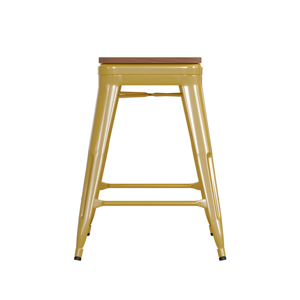 Teak Seat/Yellow Frame |#| Indoor/Outdoor Backless Counter Stool with Poly Seat - Yellow/Teak