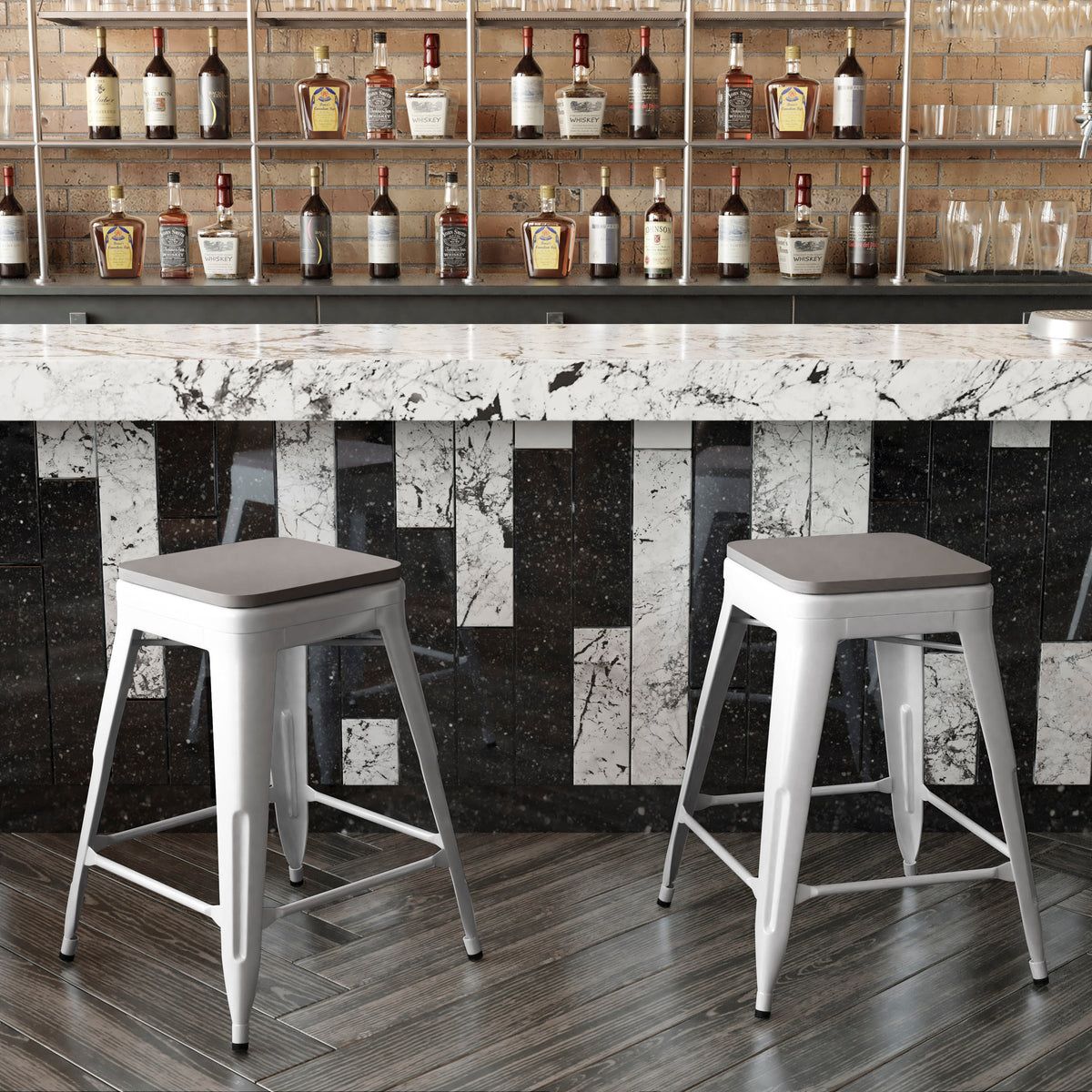 Gray Seat/White Frame |#| Indoor/Outdoor Backless Counter Stool with Poly Seat - White/Gray