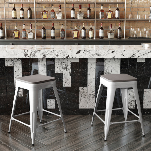 Gray Seat/White Frame |#| Indoor/Outdoor Backless Counter Stool with Poly Seat - White/Gray