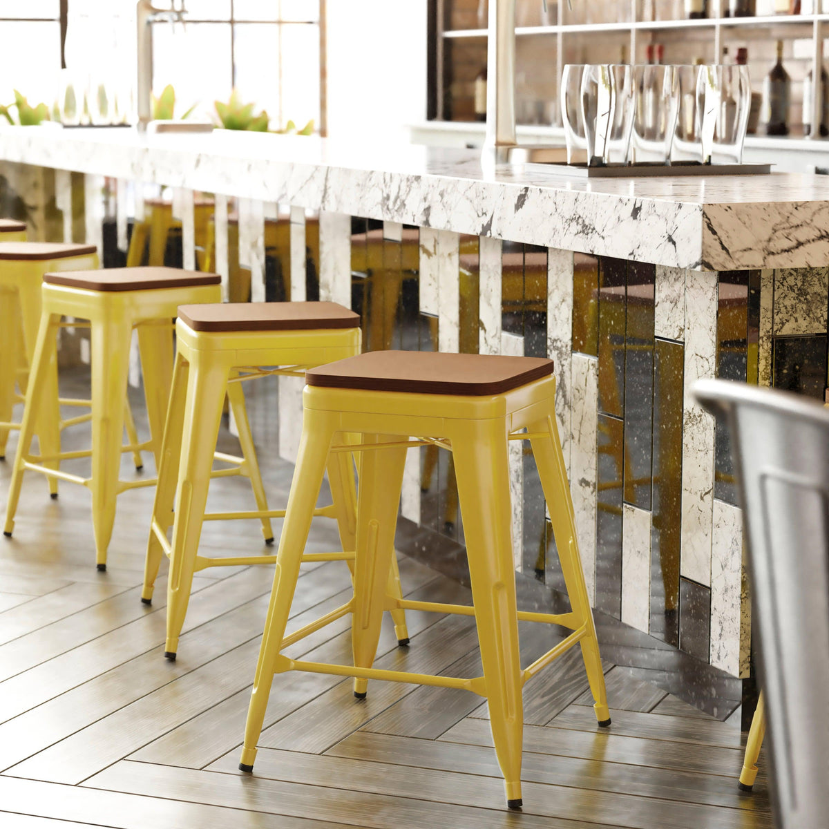 Teak Seat/Yellow Frame |#| Indoor/Outdoor Backless Counter Stool with Poly Seat - Yellow/Teak
