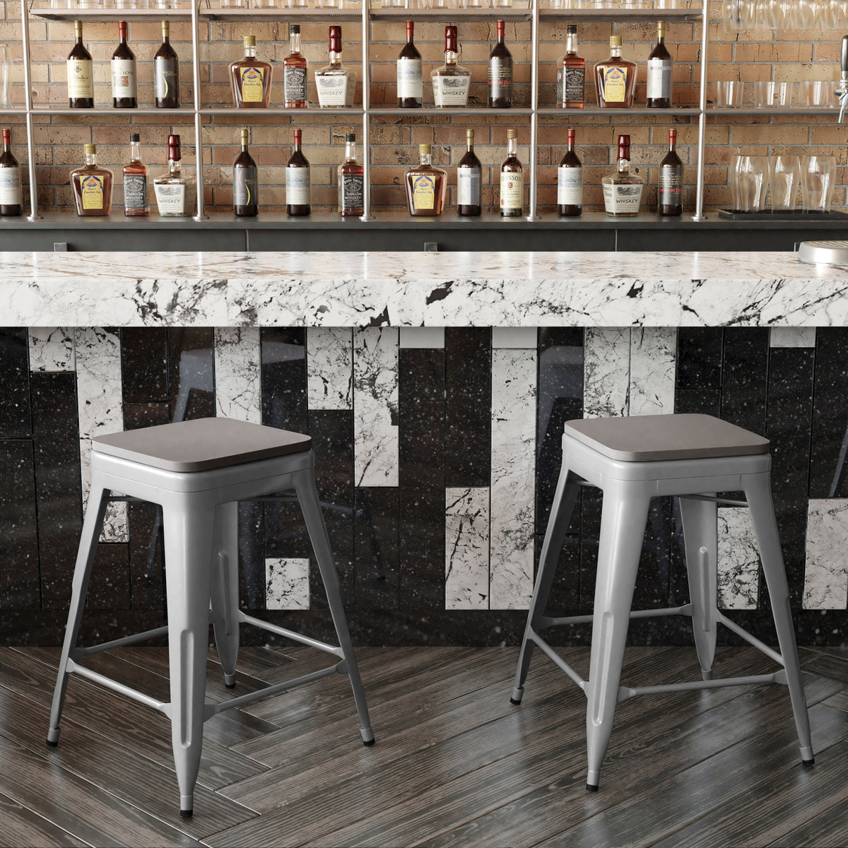 Gray Seat/Silver Frame |#| Indoor/Outdoor Backless Counter Stool with Poly Seat - Silver/Gray