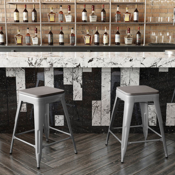 Gray Seat/Silver Frame |#| Indoor/Outdoor Backless Counter Stool with Poly Seat - Silver/Gray