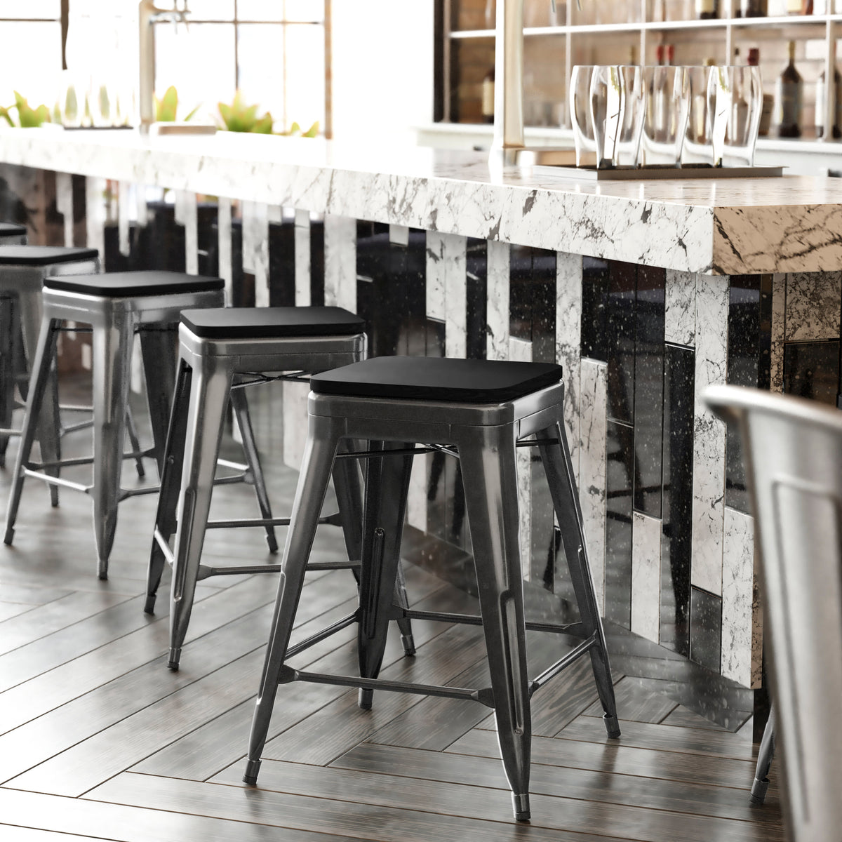 Black Seat/Black Frame |#| Indoor/Outdoor Backless Counter Stool with Poly Seat - Black/Black