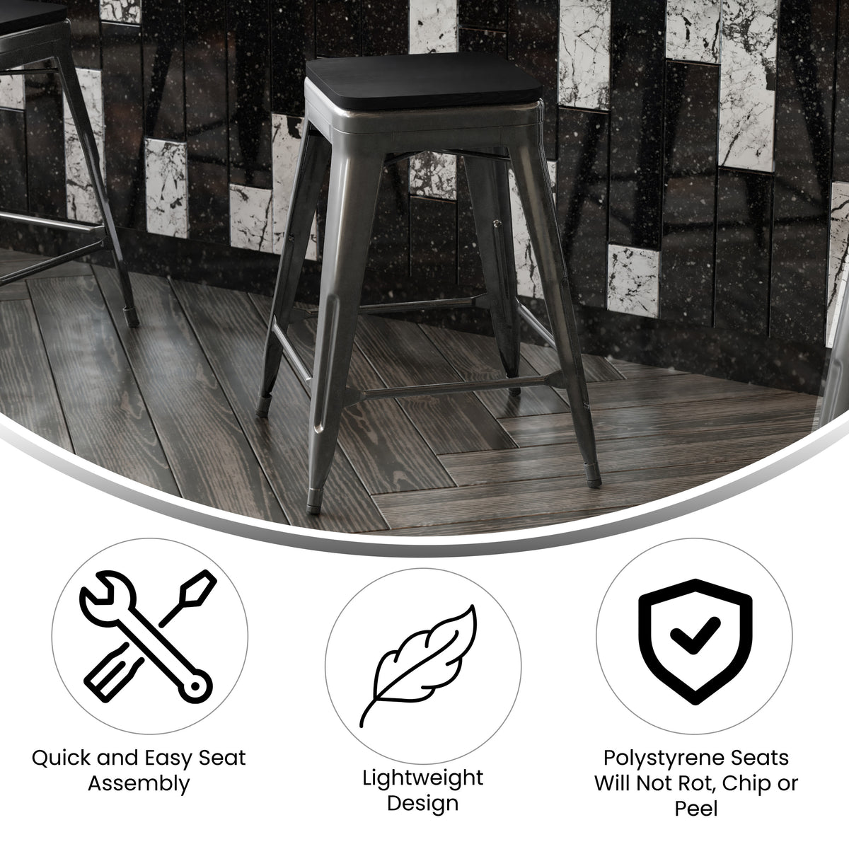 Black Seat/Black Frame |#| Indoor/Outdoor Backless Counter Stool with Poly Seat - Black/Black