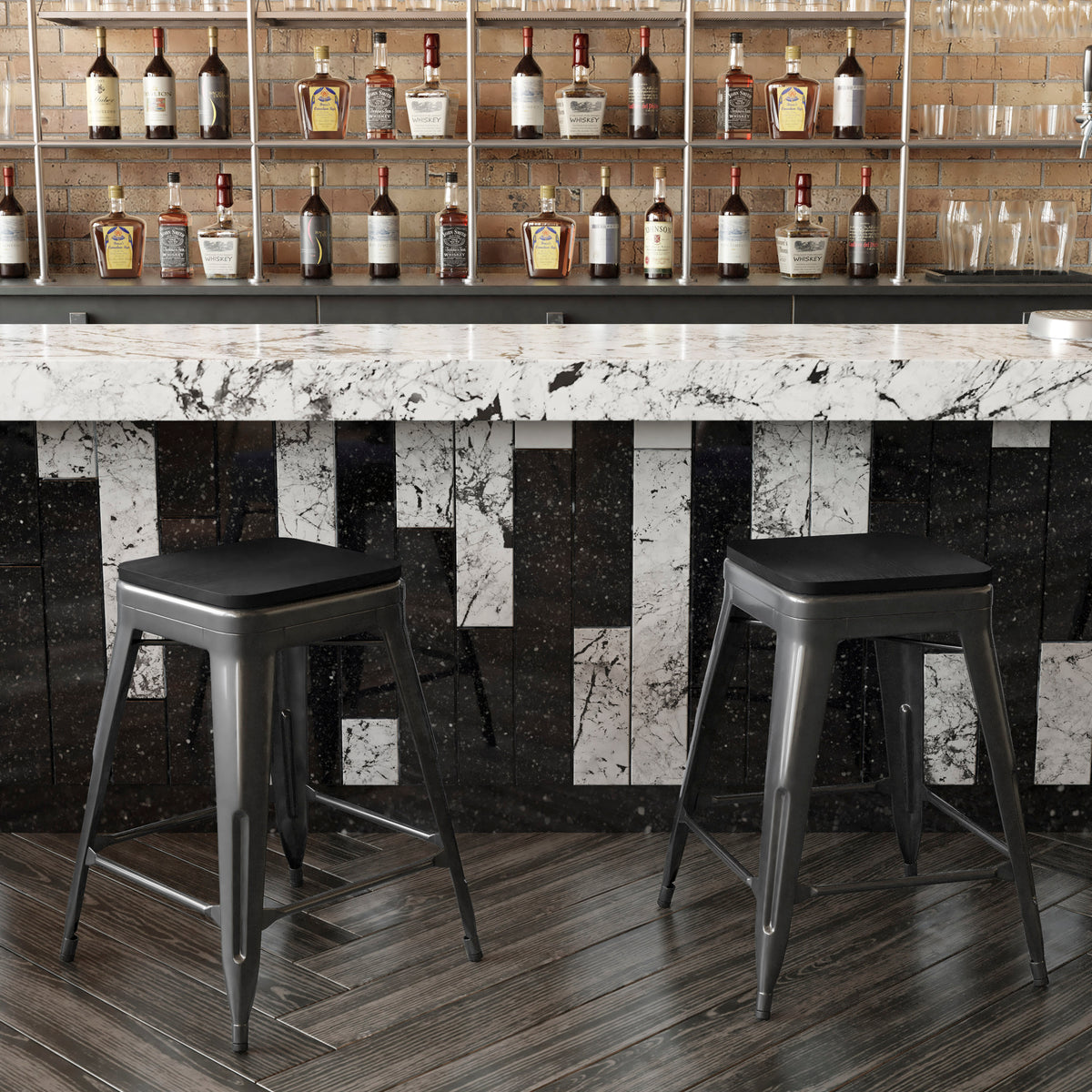 Black Seat/Black Frame |#| Indoor/Outdoor Backless Counter Stool with Poly Seat - Black/Black