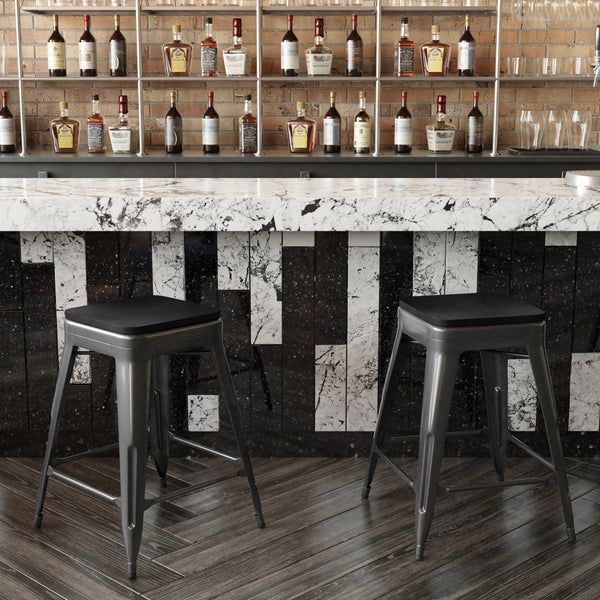 Black Seat/Black Frame |#| Indoor/Outdoor Backless Counter Stool with Poly Seat - Black/Black