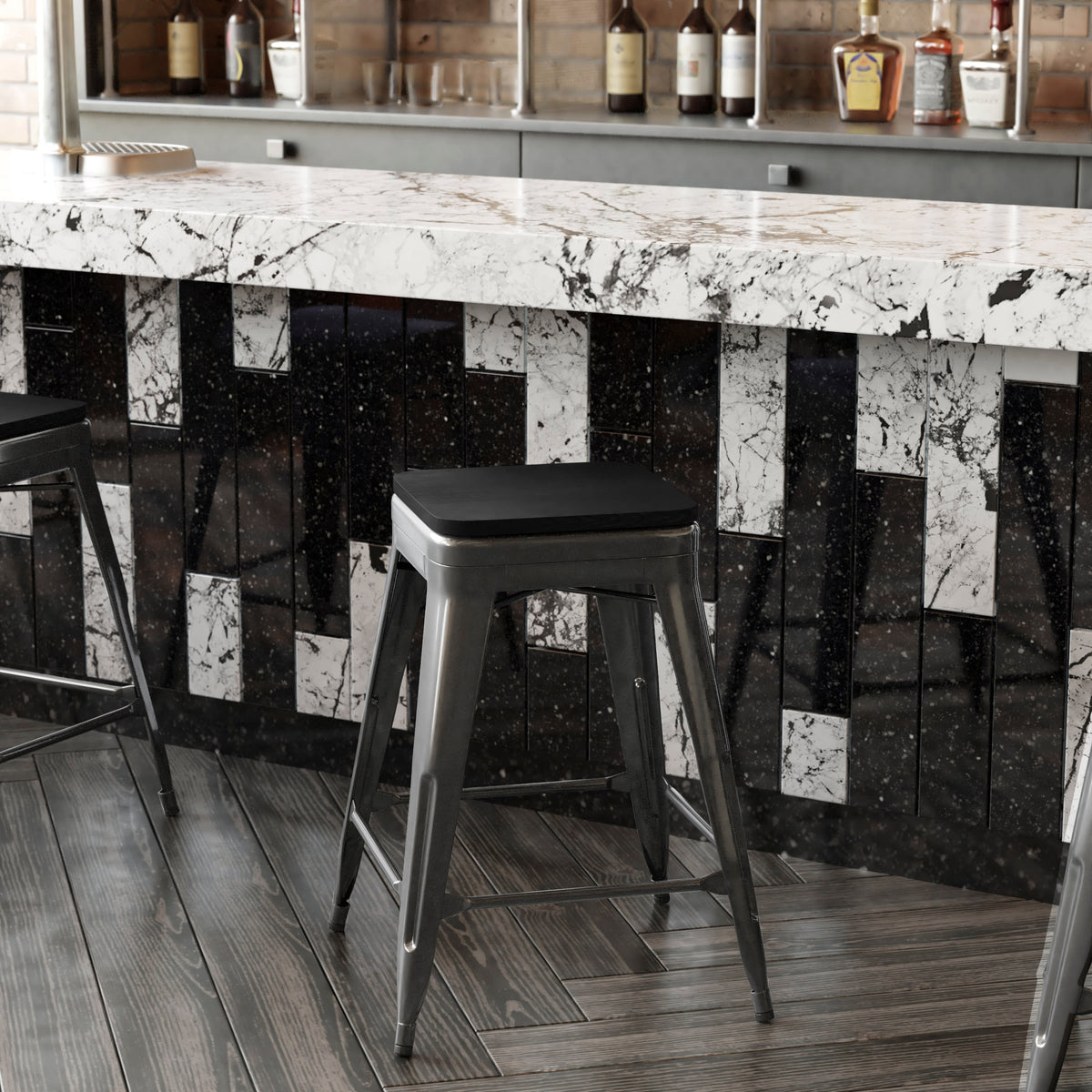 Black Seat/Black Frame |#| Indoor/Outdoor Backless Counter Stool with Poly Seat - Black/Black