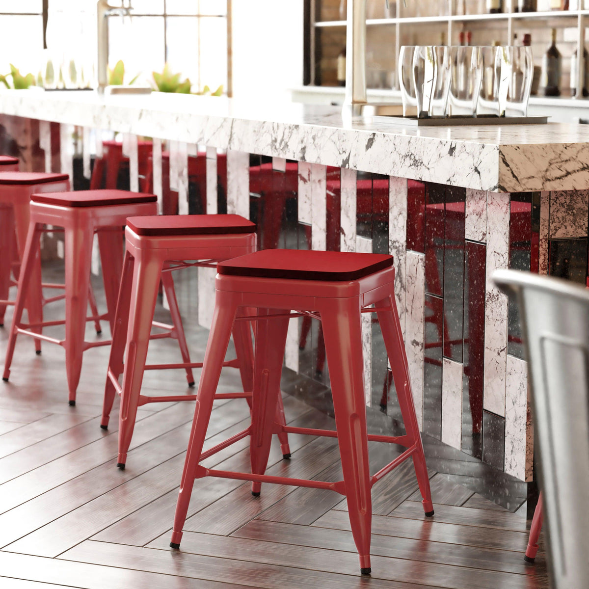Red Seat/Red Frame |#| Indoor/Outdoor Backless Counter Stool with Poly Seat - Red/Red