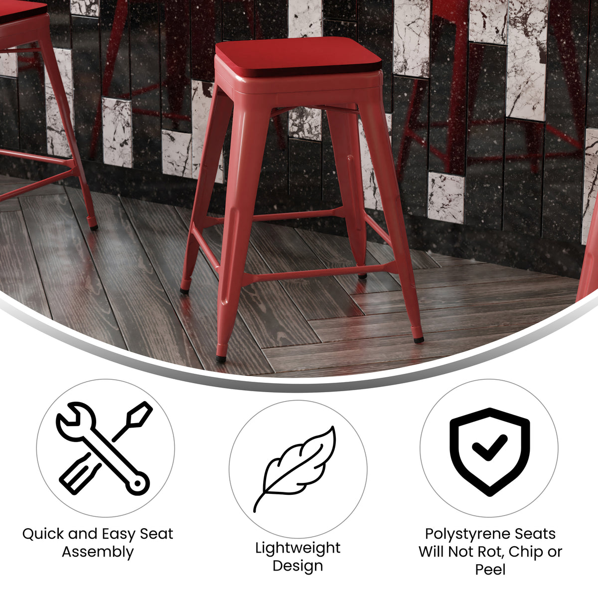Red Seat/Red Frame |#| Indoor/Outdoor Backless Counter Stool with Poly Seat - Red/Red