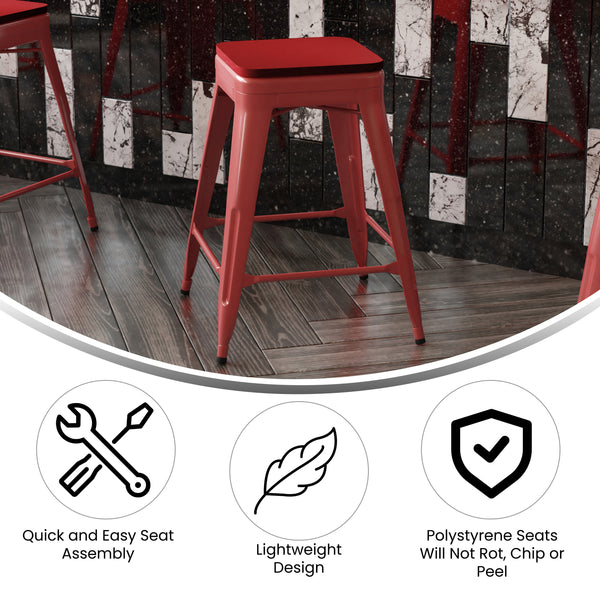 Red Seat/Red Frame |#| Indoor/Outdoor Backless Counter Stool with Poly Seat - Red/Red
