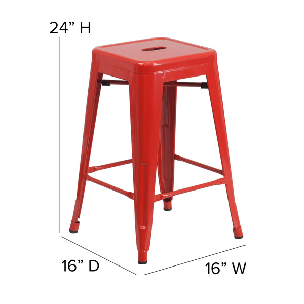 Red Seat/Red Frame |#| Indoor/Outdoor Backless Counter Stool with Poly Seat - Red/Red