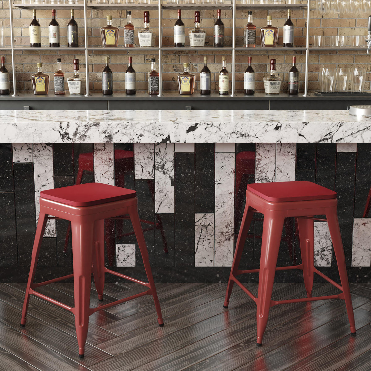 Red Seat/Red Frame |#| Indoor/Outdoor Backless Counter Stool with Poly Seat - Red/Red