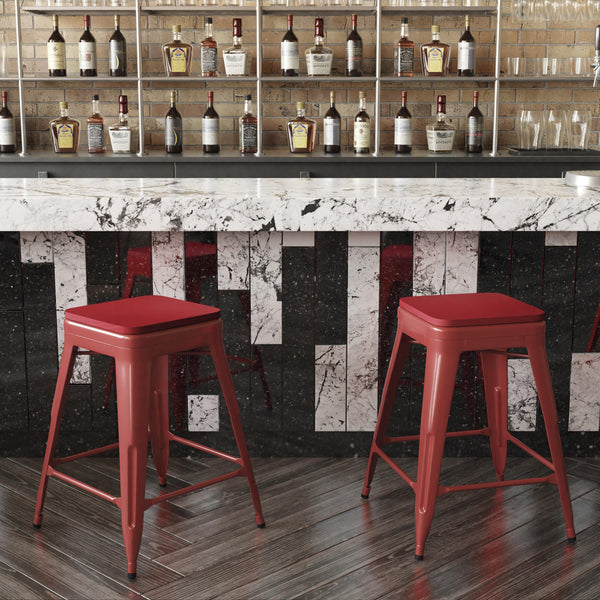 Red Seat/Red Frame |#| Indoor/Outdoor Backless Counter Stool with Poly Seat - Red/Red