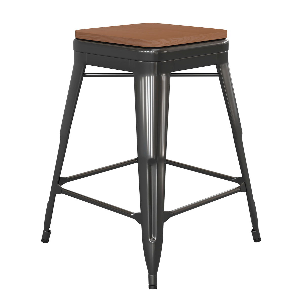 Teak Seat/Black Frame |#| Indoor/Outdoor Backless Counter Stool with Poly Seat - Black/Teak