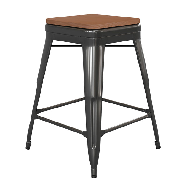 Teak Seat/Black Frame |#| Indoor/Outdoor Backless Counter Stool with Poly Seat - Black/Teak