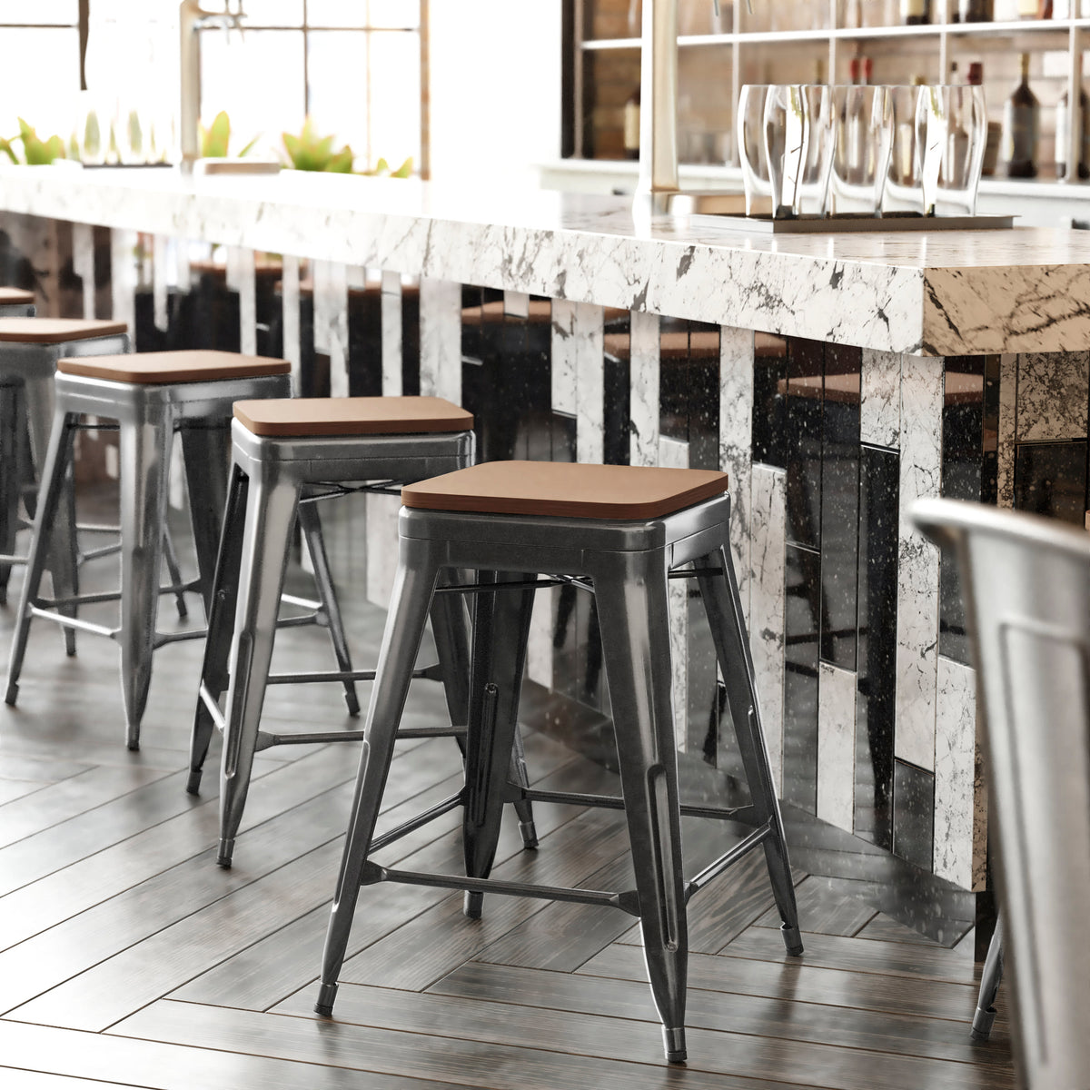 Teak Seat/Black Frame |#| Indoor/Outdoor Backless Counter Stool with Poly Seat - Black/Teak