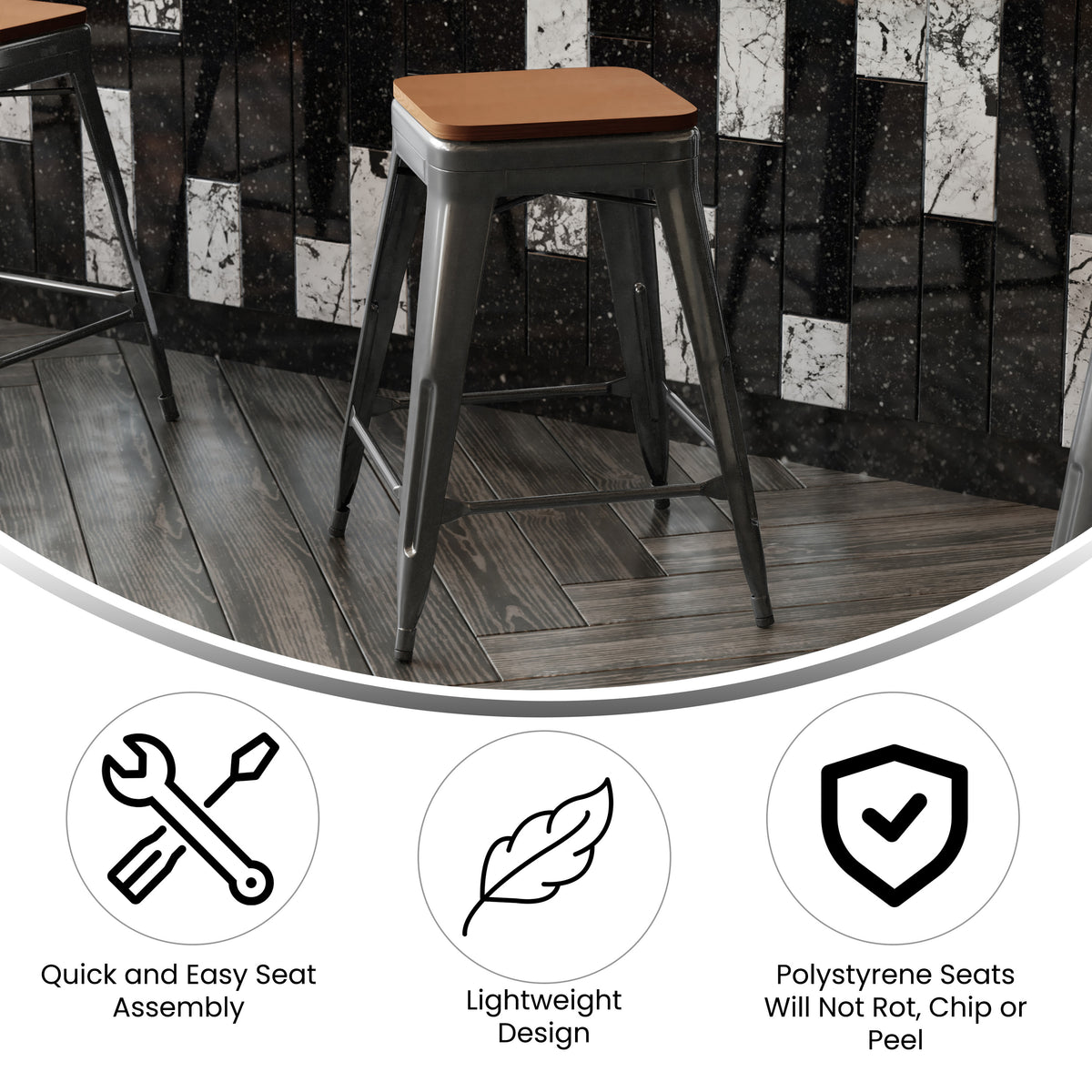 Teak Seat/Black Frame |#| Indoor/Outdoor Backless Counter Stool with Poly Seat - Black/Teak