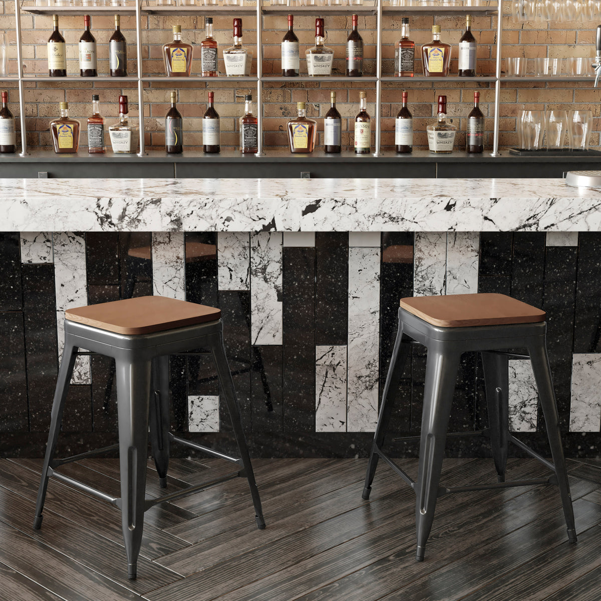 Teak Seat/Black Frame |#| Indoor/Outdoor Backless Counter Stool with Poly Seat - Black/Teak