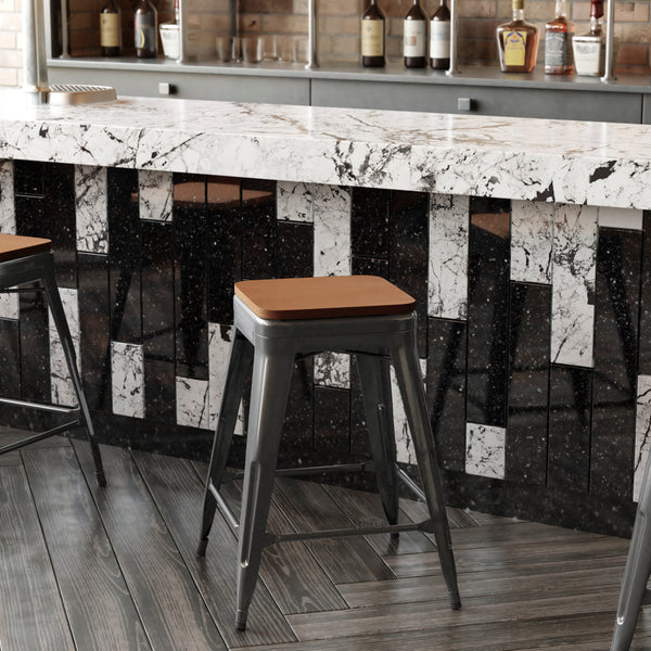 Teak Seat/Black Frame |#| Indoor/Outdoor Backless Counter Stool with Poly Seat - Black/Teak