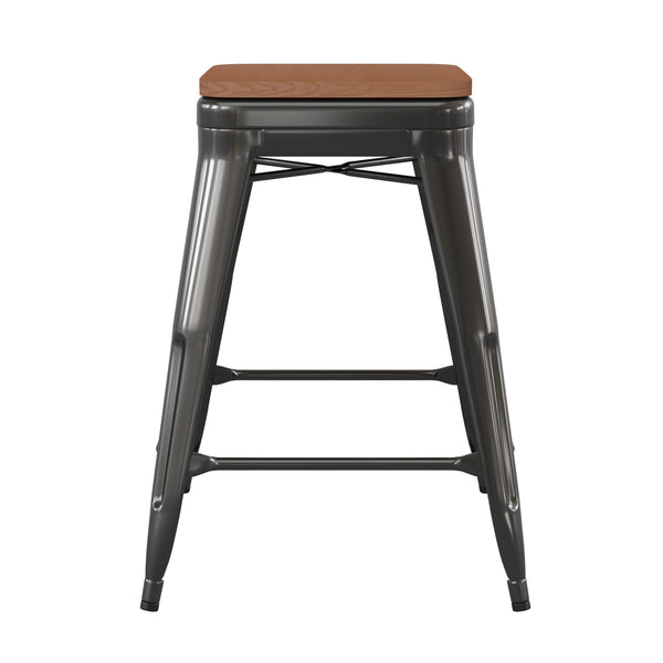 Teak Seat/Black Frame |#| Indoor/Outdoor Backless Counter Stool with Poly Seat - Black/Teak