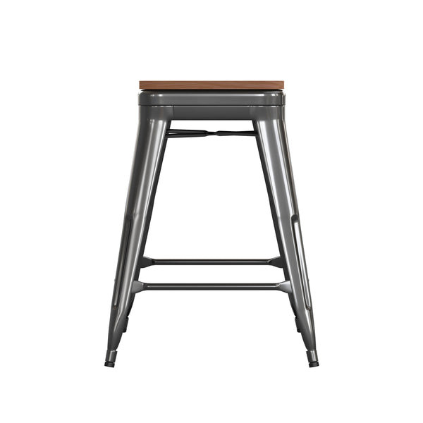 Teak Seat/Black Frame |#| Indoor/Outdoor Backless Counter Stool with Poly Seat - Black/Teak