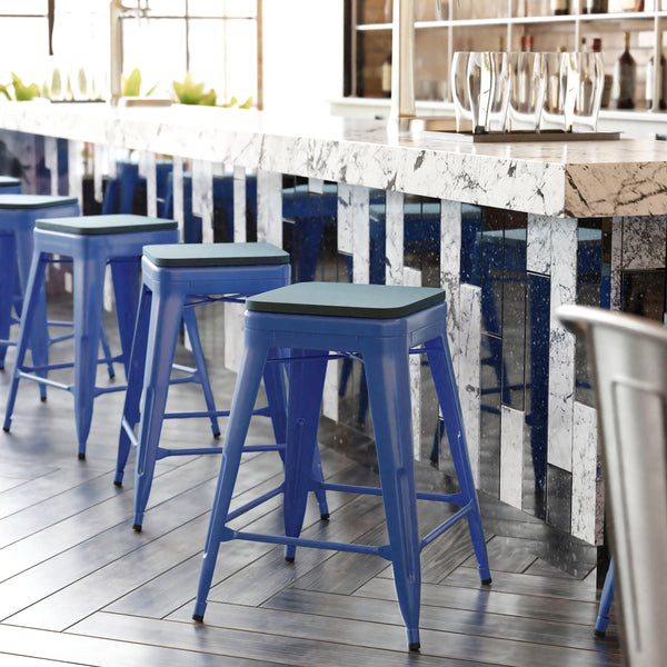 Teal-Blue Seat/Blue Frame |#| Indoor/Outdoor Backless Counter Stool with Poly Seat - Blue/Teal-Blue