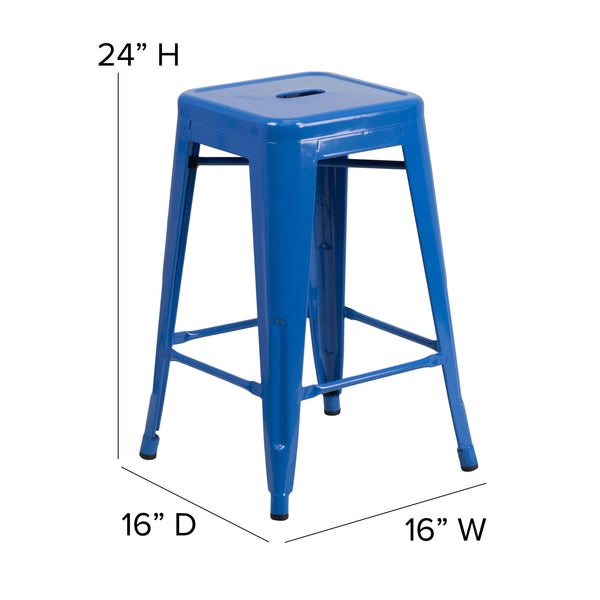 Teal-Blue Seat/Blue Frame |#| Indoor/Outdoor Backless Counter Stool with Poly Seat - Blue/Teal-Blue