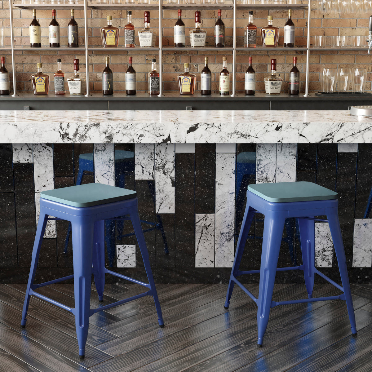 Teal-Blue Seat/Blue Frame |#| Indoor/Outdoor Backless Counter Stool with Poly Seat - Blue/Teal-Blue
