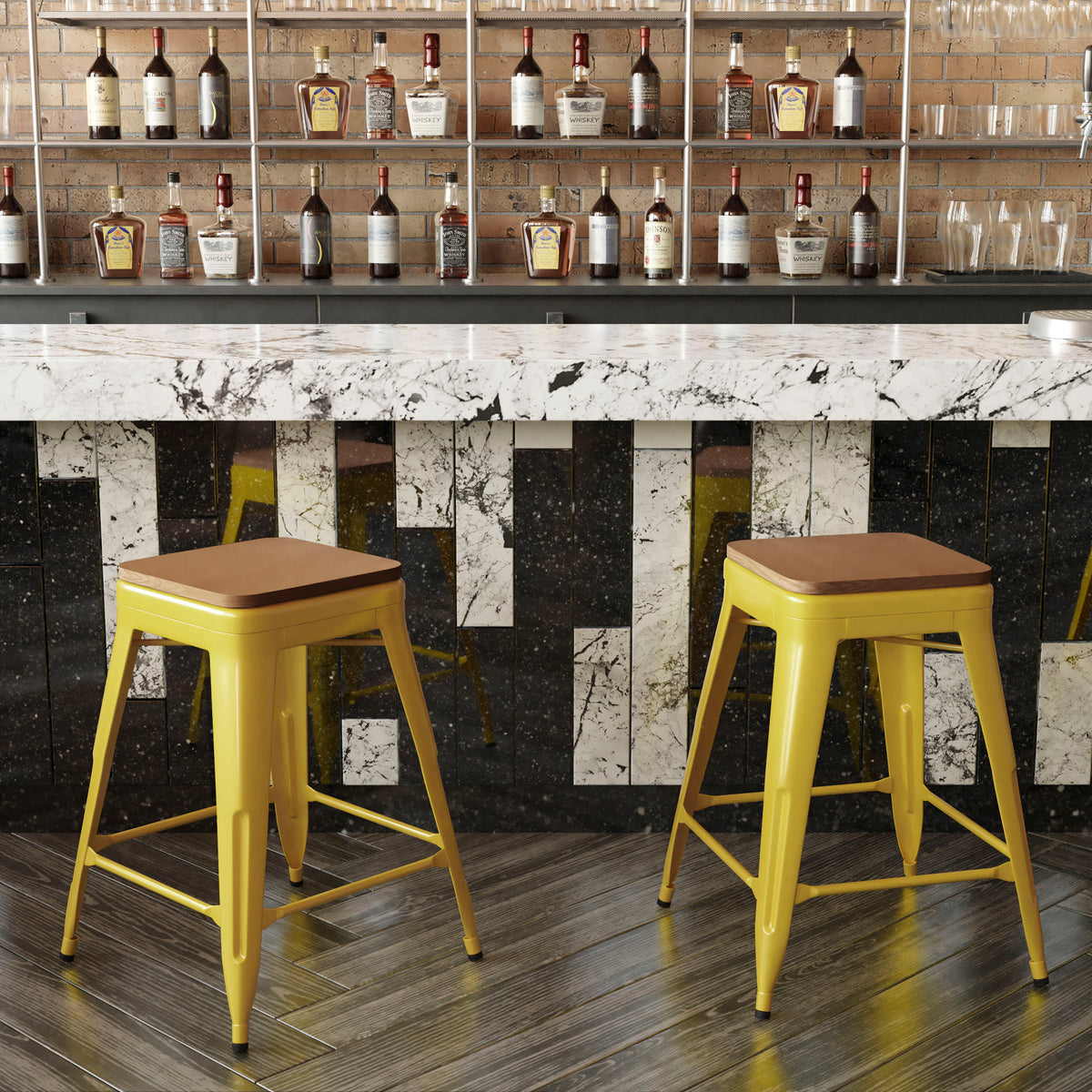 Teak Seat/Yellow Frame |#| Indoor/Outdoor Backless Counter Stool with Poly Seat - Yellow/Teak