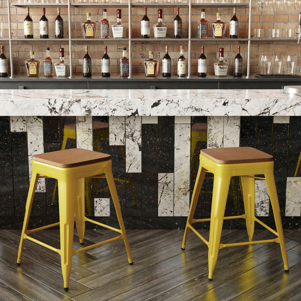 Teak Seat/Yellow Frame |#| Indoor/Outdoor Backless Counter Stool with Poly Seat - Yellow/Teak