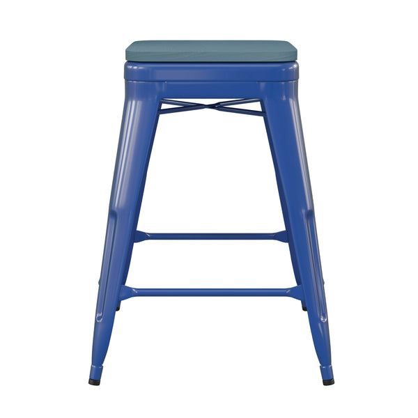 Teal-Blue Seat/Blue Frame |#| Indoor/Outdoor Backless Counter Stool with Poly Seat - Blue/Teal-Blue