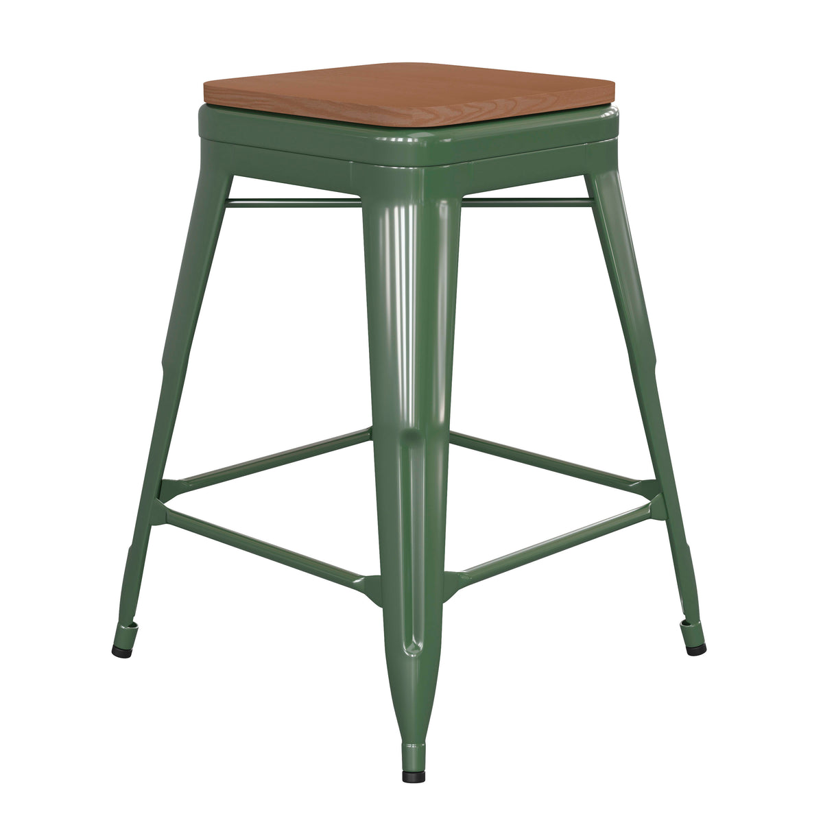 Teak Seat/Green Frame |#| Indoor/Outdoor Backless Counter Stool with Poly Seat - Green/Teak