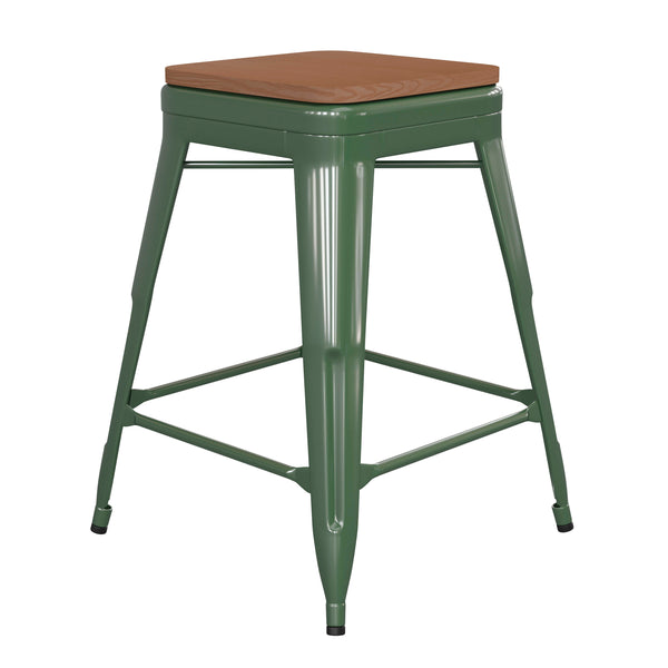 Teak Seat/Green Frame |#| Indoor/Outdoor Backless Counter Stool with Poly Seat - Green/Teak