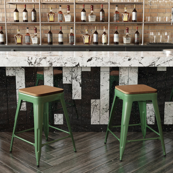 Teak Seat/Green Frame |#| Indoor/Outdoor Backless Counter Stool with Poly Seat - Green/Teak