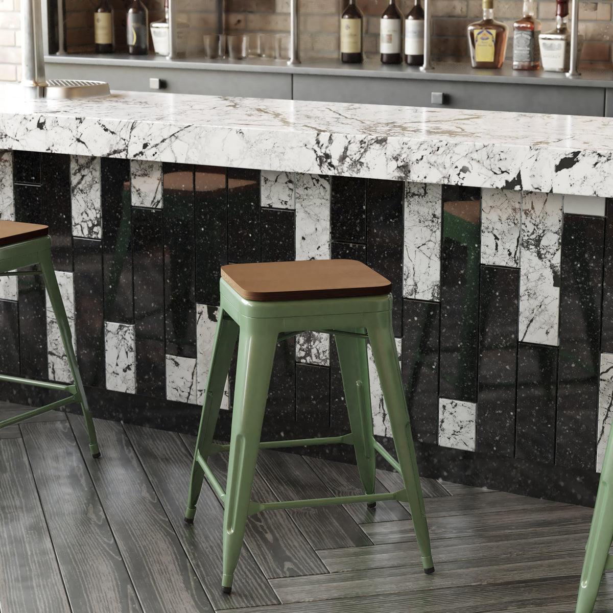 Teak Seat/Green Frame |#| Indoor/Outdoor Backless Counter Stool with Poly Seat - Green/Teak