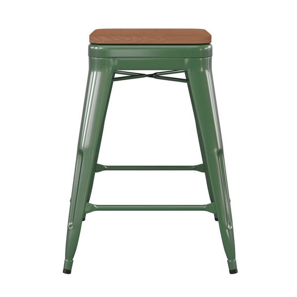 Teak Seat/Green Frame |#| Indoor/Outdoor Backless Counter Stool with Poly Seat - Green/Teak