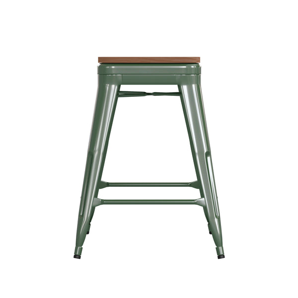 Teak Seat/Green Frame |#| Indoor/Outdoor Backless Counter Stool with Poly Seat - Green/Teak