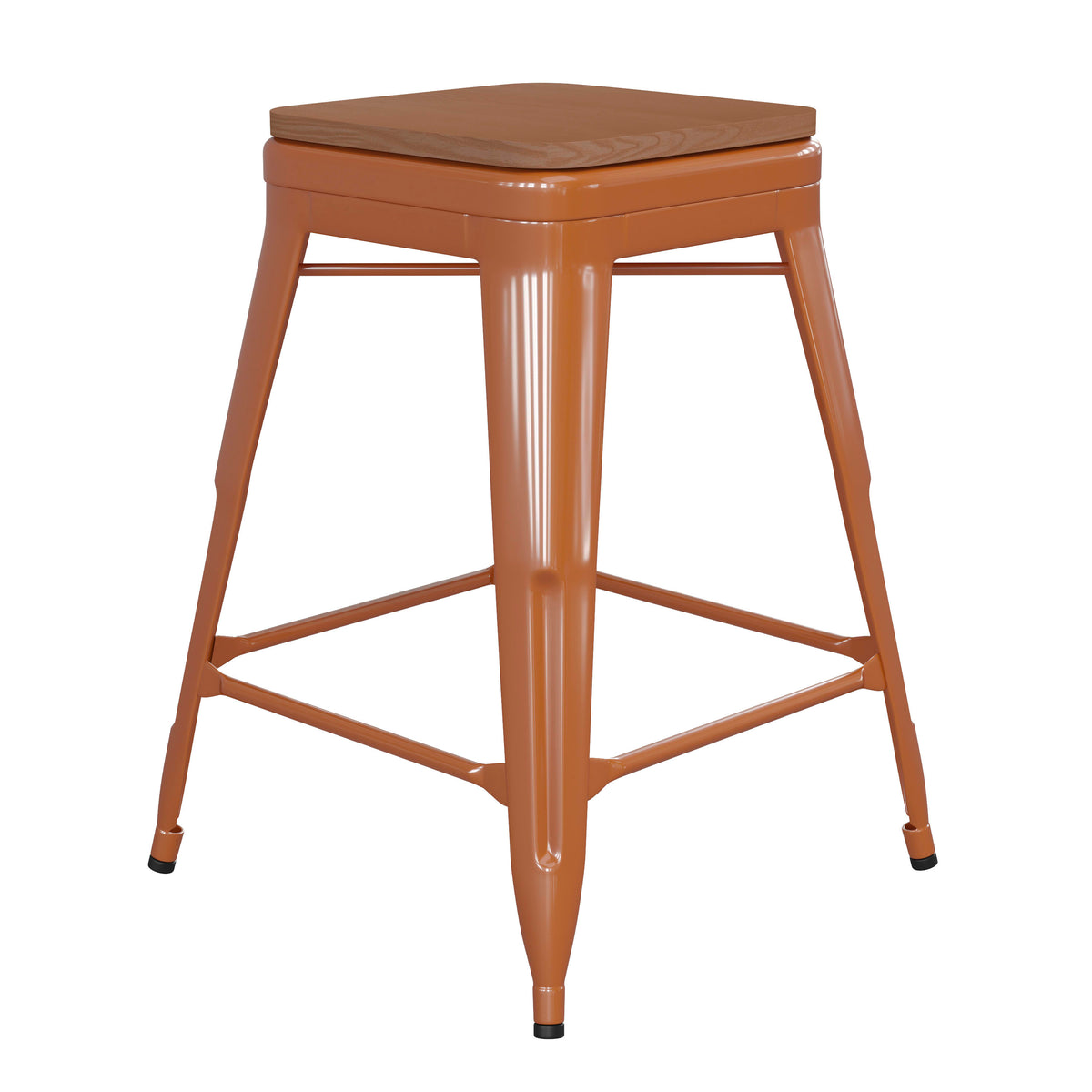 Teak Seat/Orange Frame |#| Indoor/Outdoor Backless Counter Stool with Poly Seat - Orange/Teak