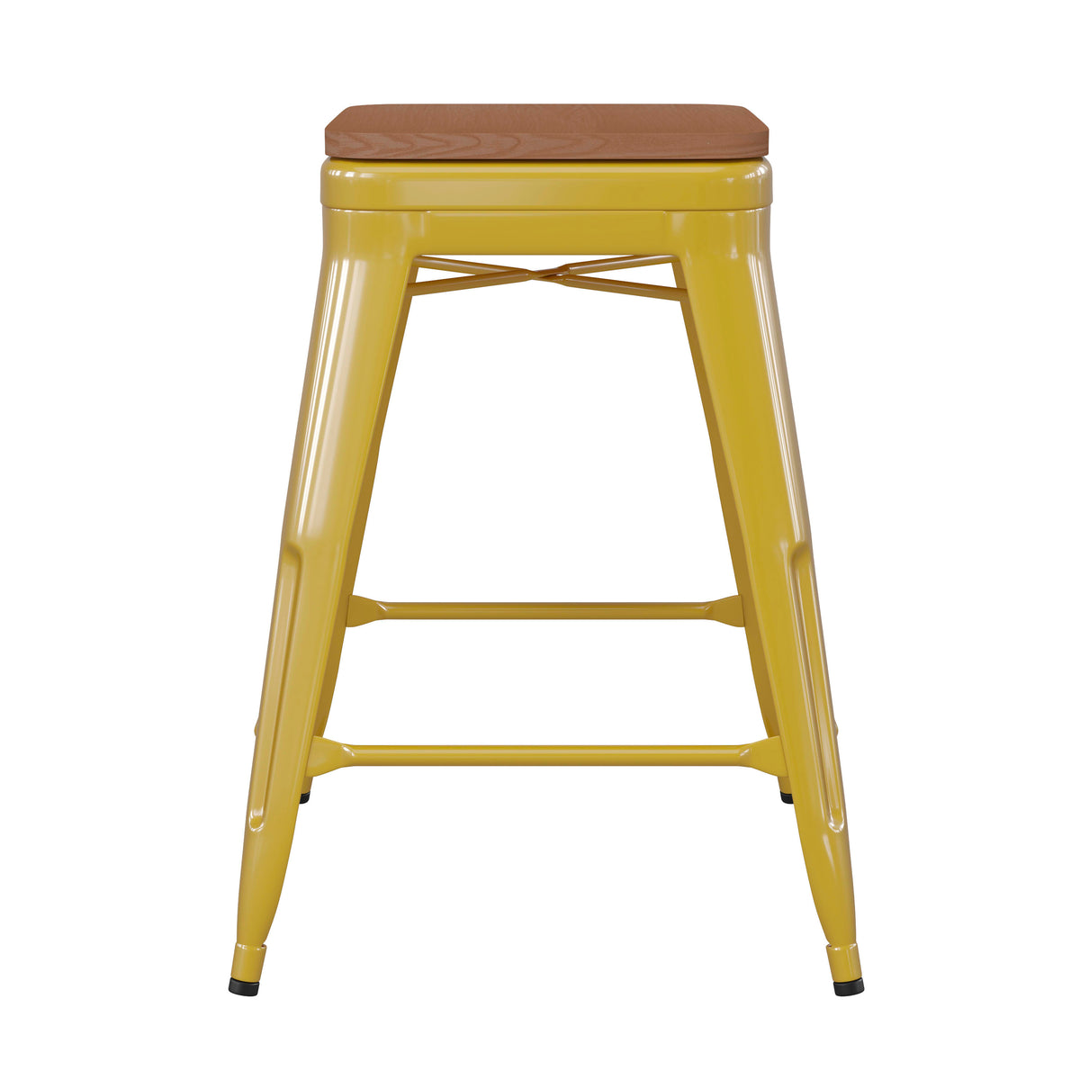 Teak Seat/Yellow Frame |#| Indoor/Outdoor Backless Counter Stool with Poly Seat - Yellow/Teak