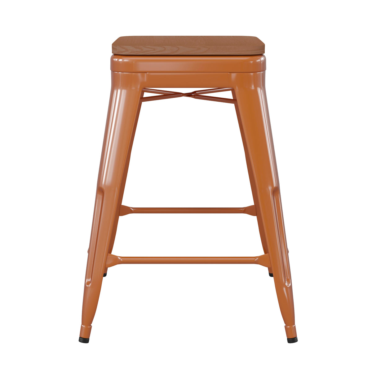 Teak Seat/Orange Frame |#| Indoor/Outdoor Backless Counter Stool with Poly Seat - Orange/Teak
