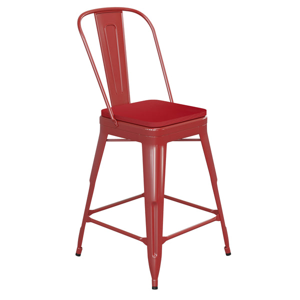 Red/Red |#| All-Weather Commercial Counter Stool with Removable Back/Poly Seat-Red/Red