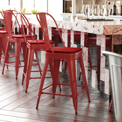 Kai Commercial Grade 24" High Metal Indoor-Outdoor Counter Height Stool with Removable Back and All-Weather Poly Resin Seat - View 2