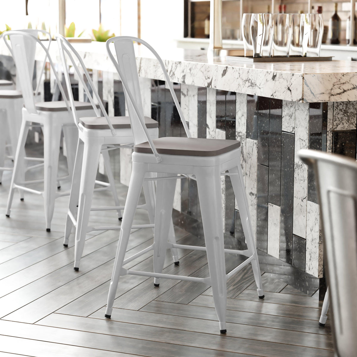 White/Gray |#| All-Weather Commercial Counter Stool with Removable Back/Poly Seat-White/Gray