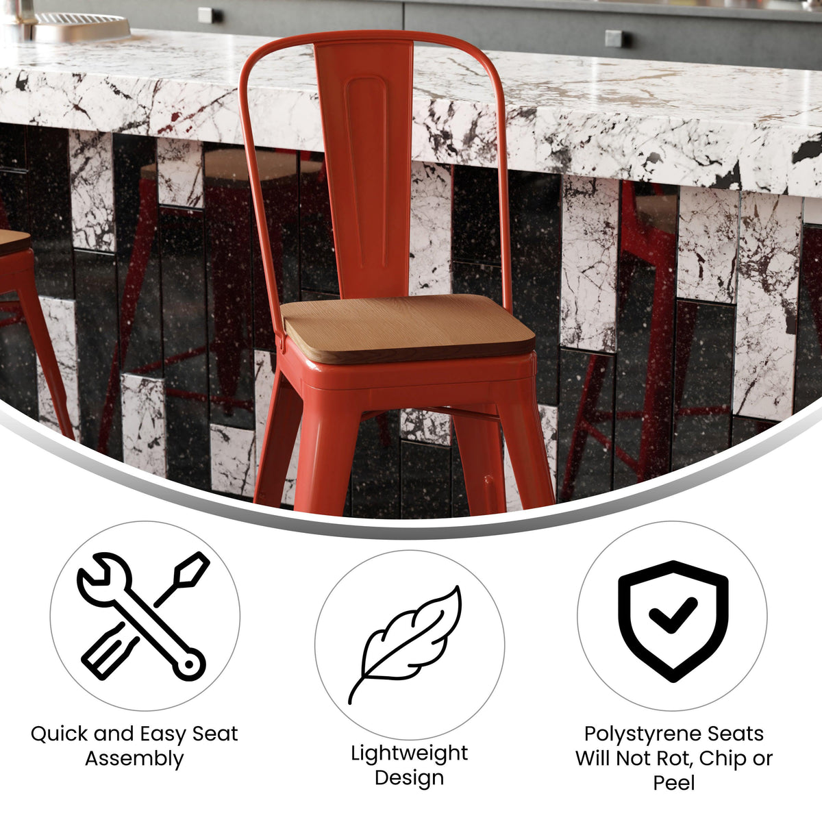 Red/Teak |#| All-Weather Commercial Counter Stool with Removable Back/Poly Seat-Red/Teak