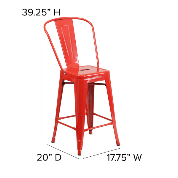 Red/Teak |#| All-Weather Commercial Counter Stool with Removable Back/Poly Seat-Red/Teak