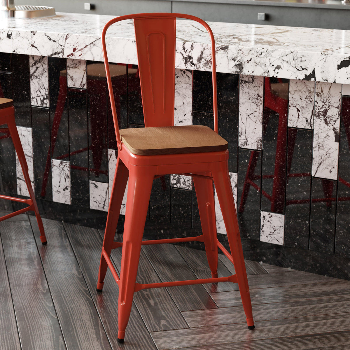 Red/Teak |#| All-Weather Commercial Counter Stool with Removable Back/Poly Seat-Red/Teak