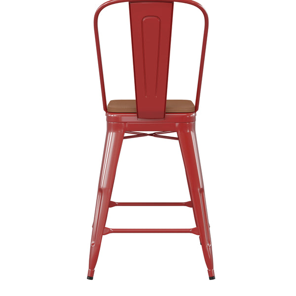 Red/Teak |#| All-Weather Commercial Counter Stool with Removable Back/Poly Seat-Red/Teak