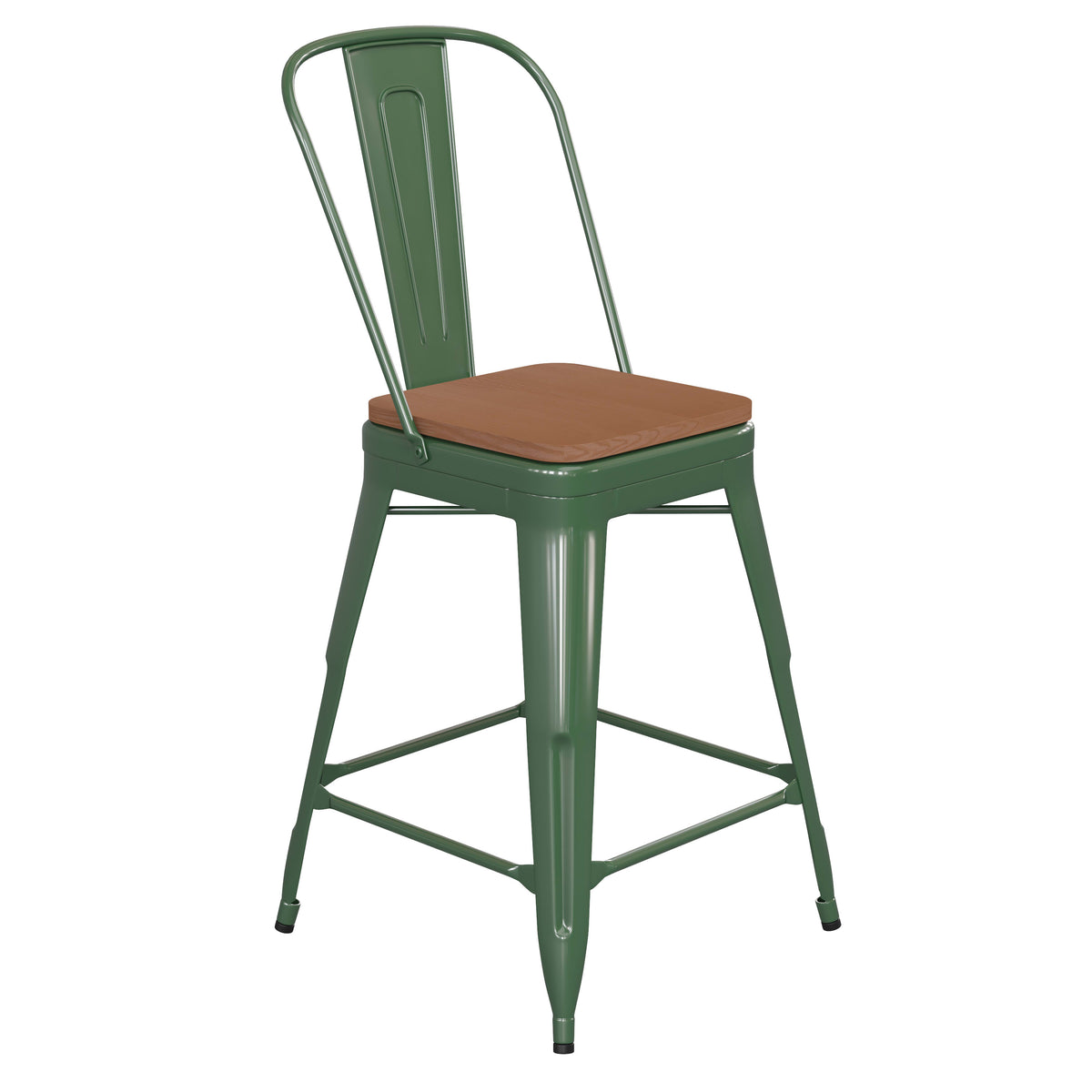 Green/Teak |#| All-Weather Commercial Counter Stool with Removable Back/Poly Seat-Green/Teak