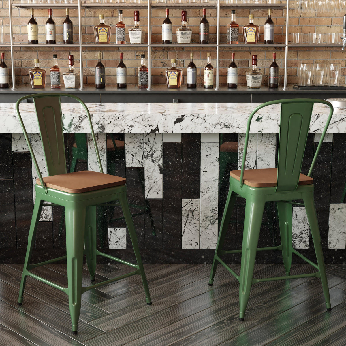 Green/Teak |#| All-Weather Commercial Counter Stool with Removable Back/Poly Seat-Green/Teak